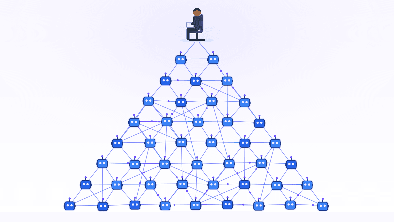 Also Today — one person at the top of a glowing AI swarm pyramid